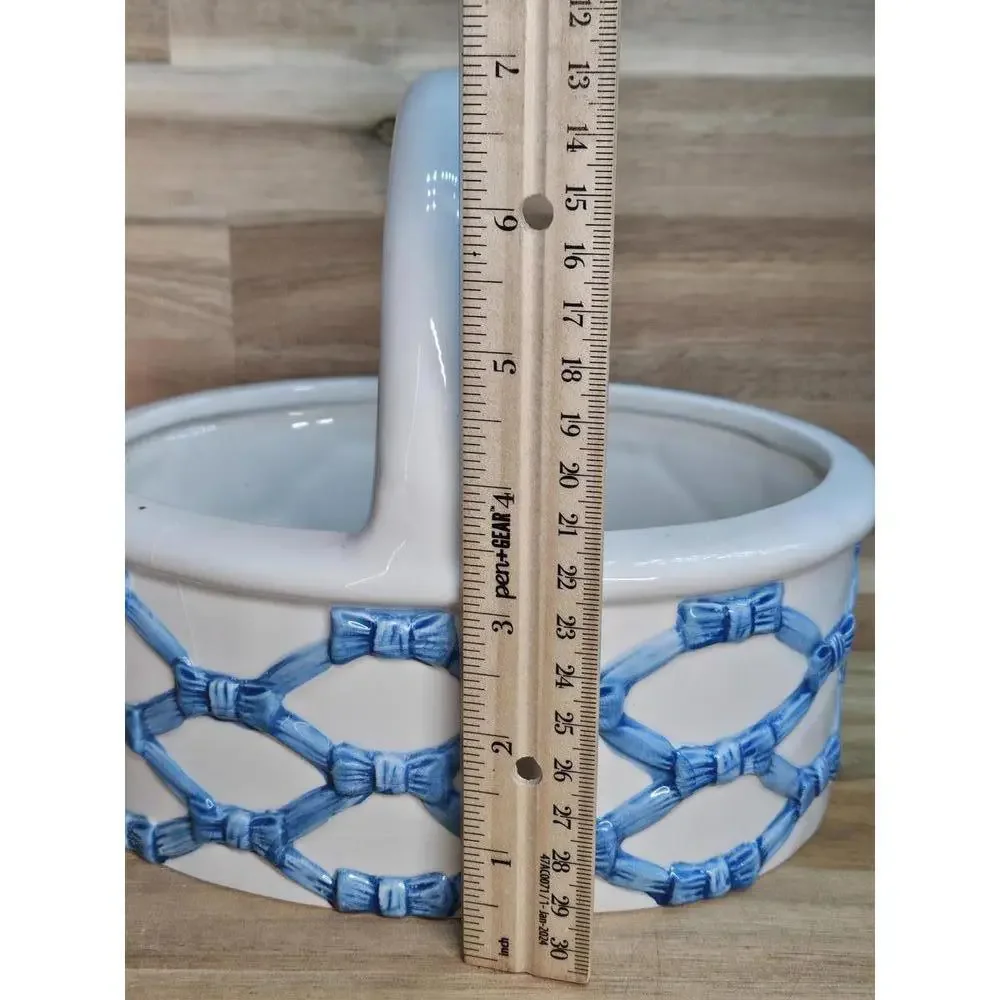 Vintage Italian Ceramic Lattice Basket Blue Woven Pottery 7" Tall Spring/Easter - Picture 12 of 15
